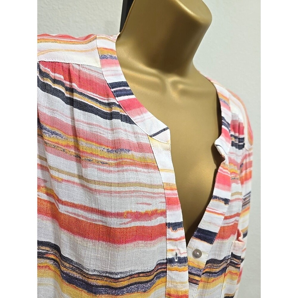 Pink Coral Stripe Button Long Tunic Womens XXL Lightweight Coastal Beach Pastel